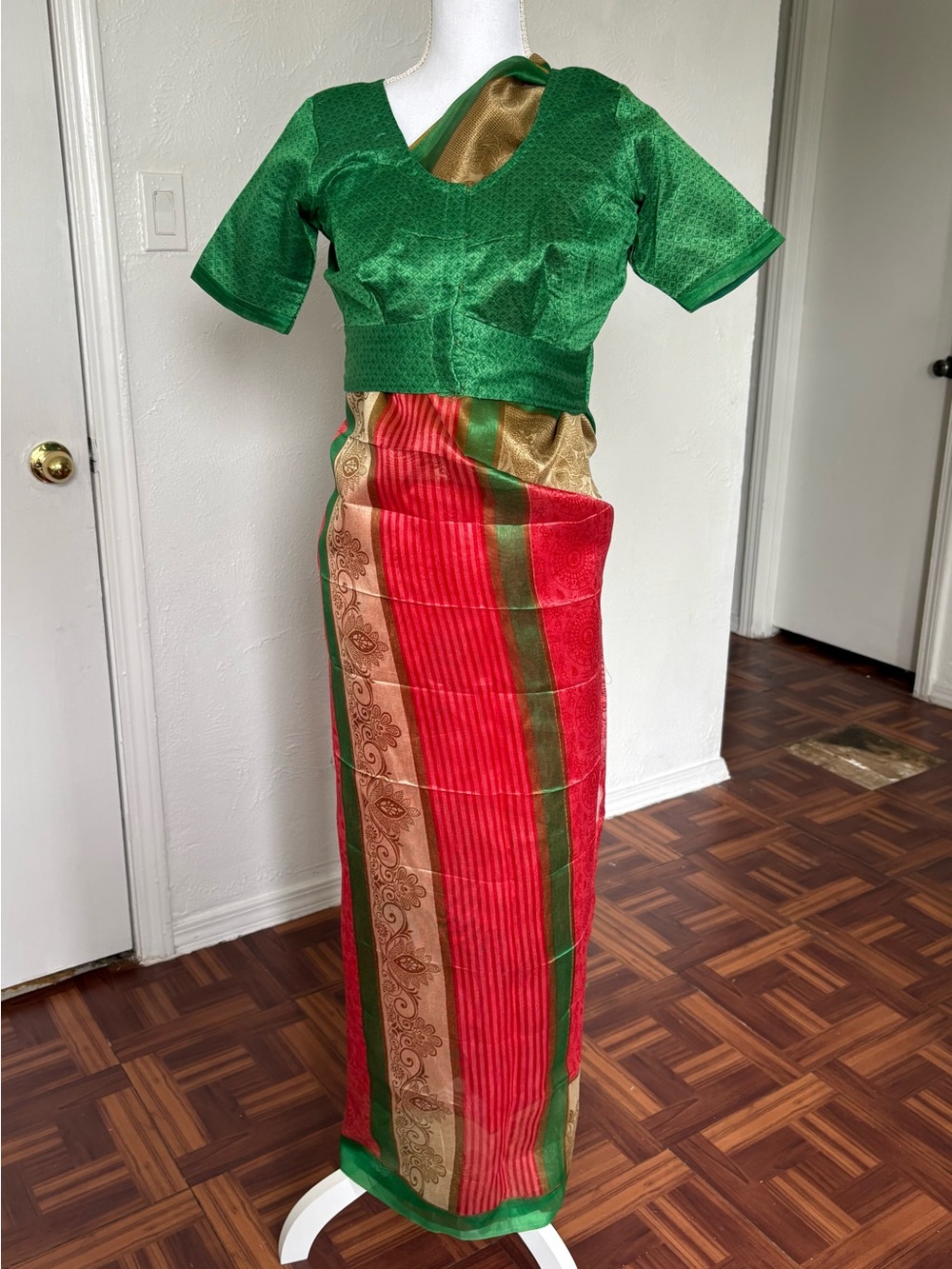 Handmade Green and Red women’s Indian Saree